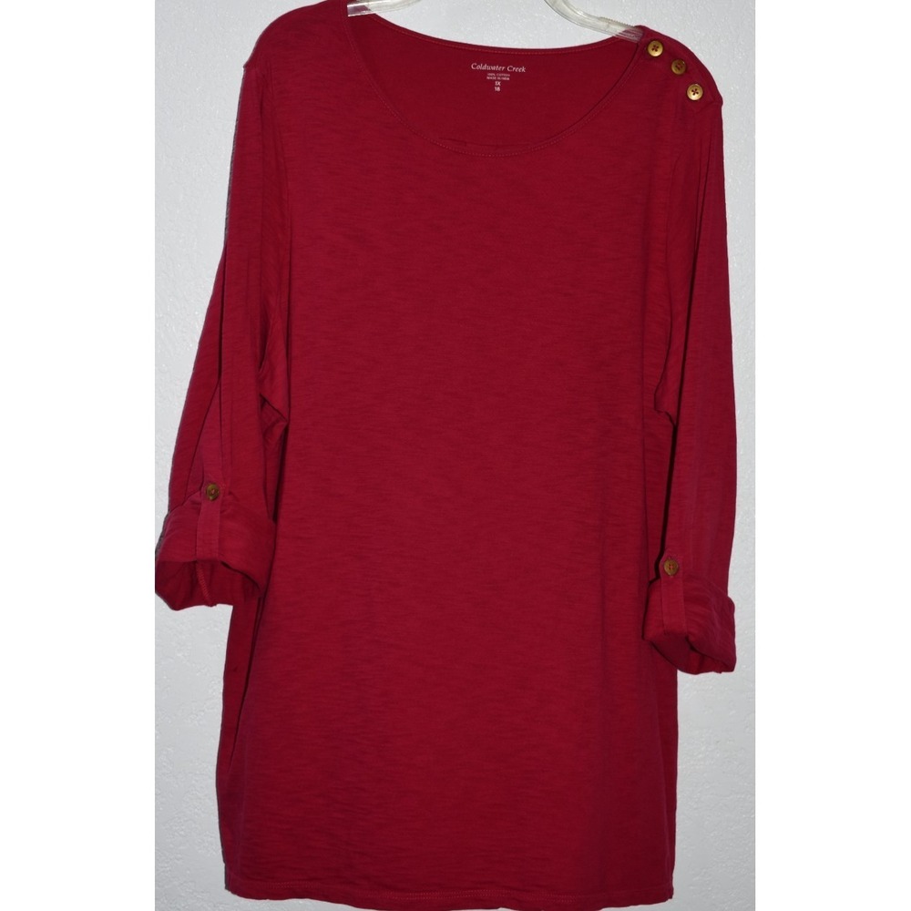 Coldwater Creek 1X Top Button‎ Shoulder Tee Roll-Tab Slv Tunic Soft 100% Cotton